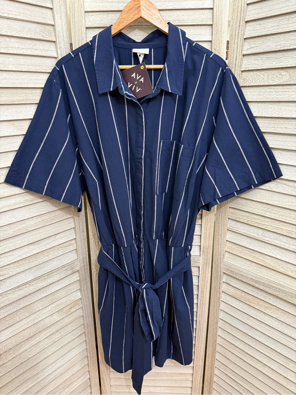 Ava & Viv Navy and White Vertical-Stripe Short-Sleeve Button-Front Romper